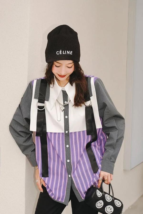 歐版時尚街頭工裝風襯衫假兩件揹帶