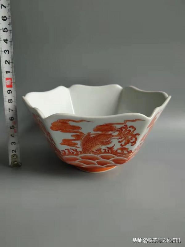 清晚期礬紅白描金六角鯉魚躍龍門瓷器鑑賞