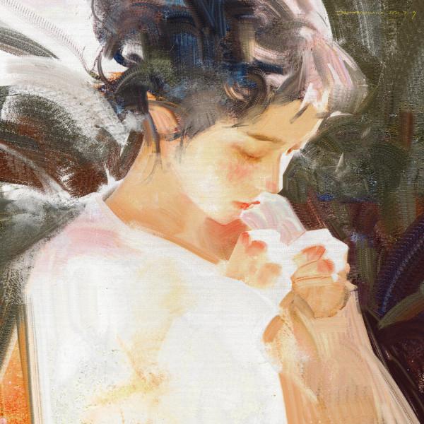 高階油畫質感的插畫作品，筆下的白衣少女太夢幻了