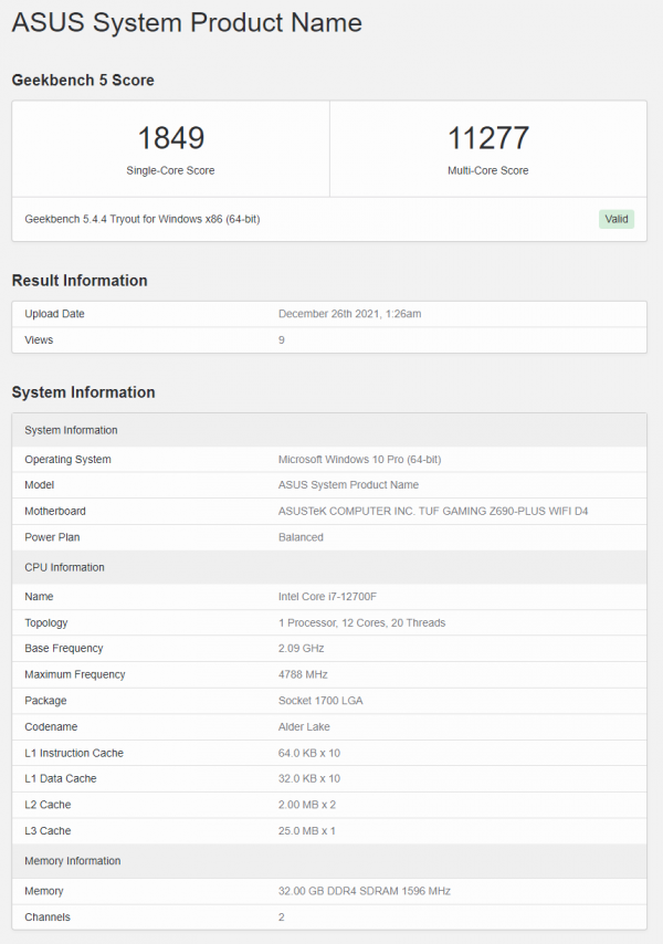 英特爾酷睿 i7-12700F 處理器跑分曝光：超越 AMD R7 5800X