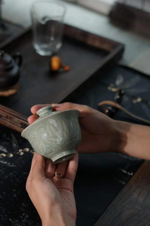 意叄陶瓷出品：耀州窯蓮荷紋蓋碗